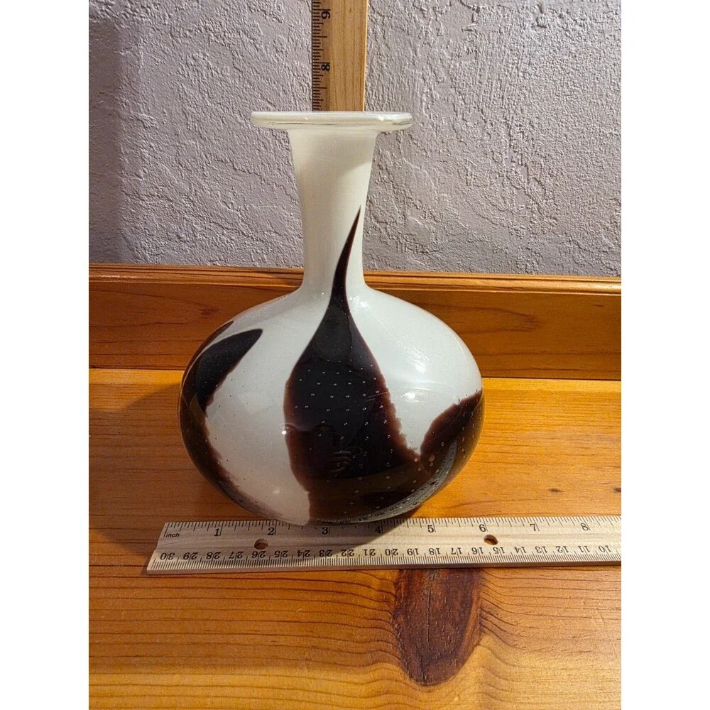Vintage Hand Blown Art Glass Vase Brown White Controlled Bubble Studio Glass 7